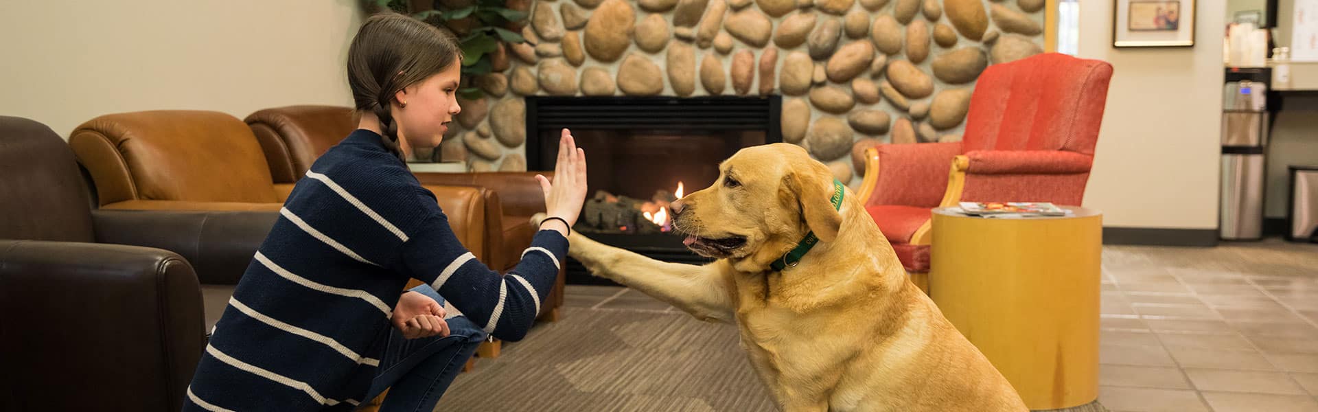 Child patient giving a high five to the orthodontic office dog in a comfortable waiting area with a stone fireplace, Dr. W. Gray Grieve Orthodontics, Eugene, OR