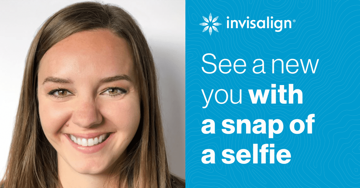 Invisalign Smile View graphic showing a smiling patient and text about seeing a new smile with a selfie, Dr. W. Gray Grieve Orthodontics, Eugene, OR